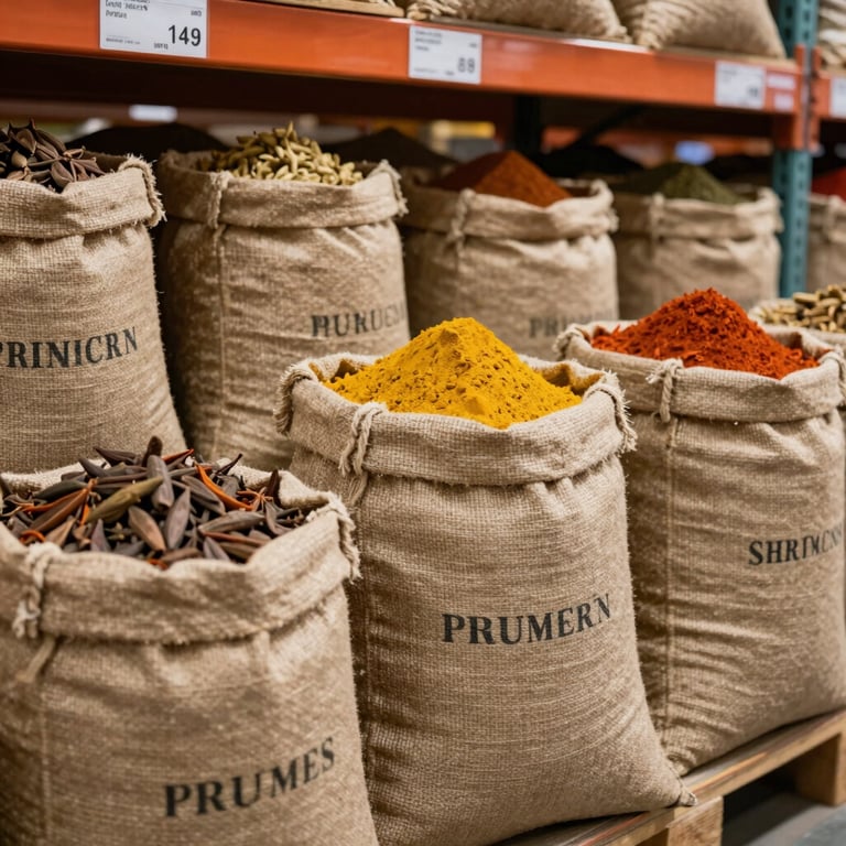 An artistic, professional shot of premium spices in burlap export sacks within a high-end warehouse setting.
