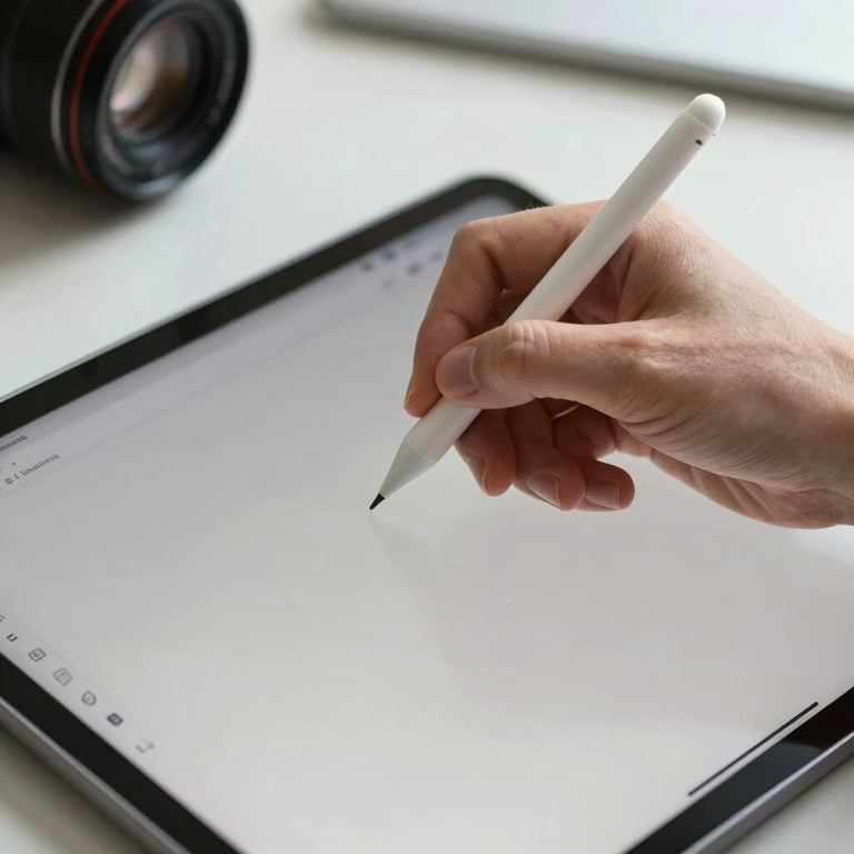 Detailed shot of a hand using a digital stylus on a tablet screen, showing a sleek workflow application, bright and airy lighting.