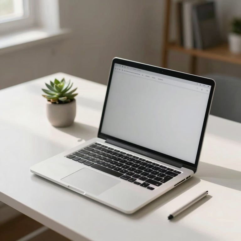 A sleek laptop on a clean white desk with a small succulent plant, soft morning light, North American home office context.