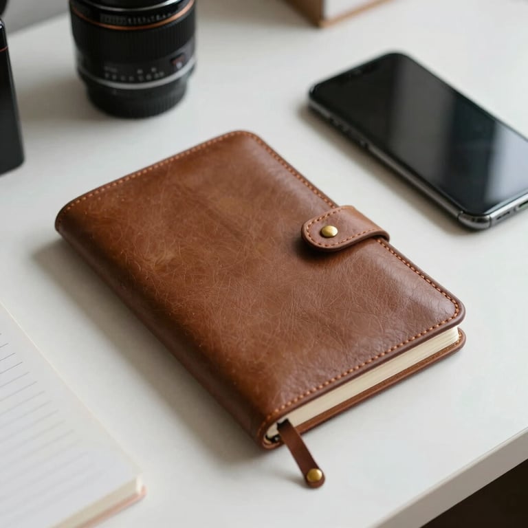 A clean, organized desk with a leather-bound notebook and a smartphone, symbolizing efficient digital and physical planning.