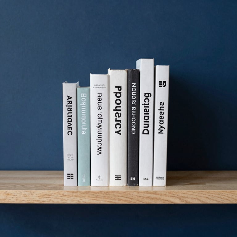 A minimalist shelf with high-quality books on productivity and technology, clean composition with navy blue wall background.