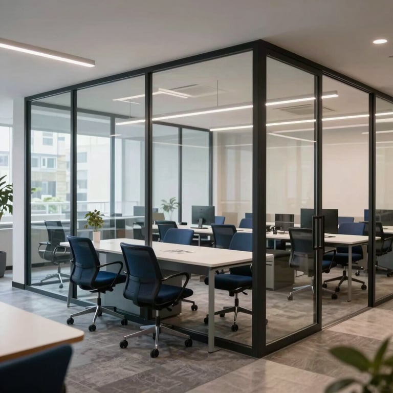 A modern North American shared workspace with glass walls and professional furniture in shades of blue and white.