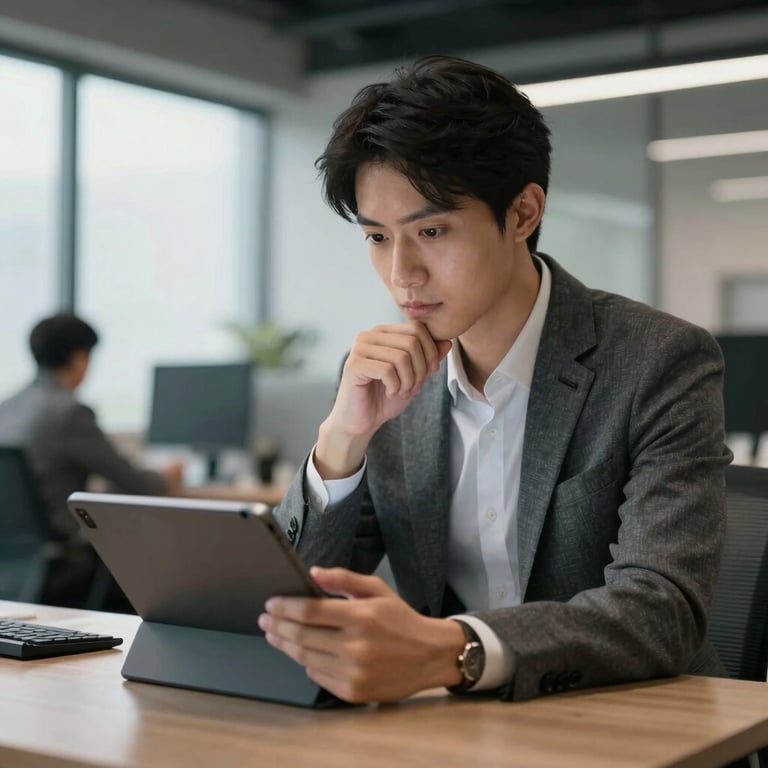 A person in a modern North American workspace looking thoughtfully at a tablet, dressed in professional business casual attire.