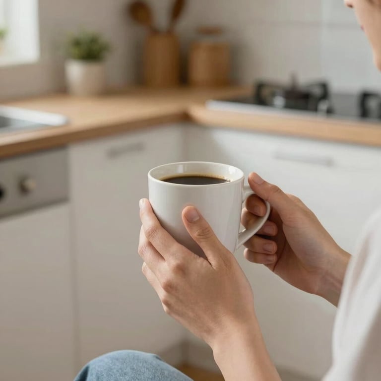 A bright and airy kitchen where a person is relaxed, holding a coffee mug, representing peace of mind.