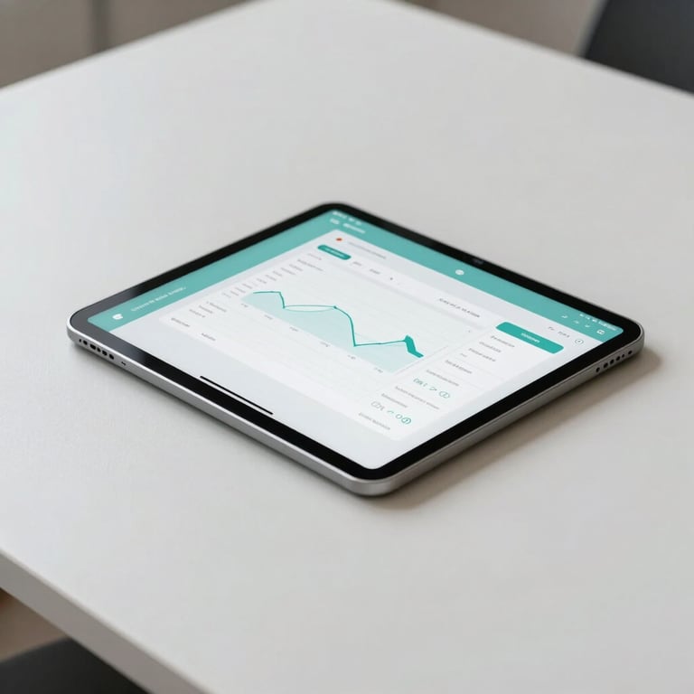 A minimalist desk with a digital tablet showing a clean financial interface, accented with soft frosted teal details.