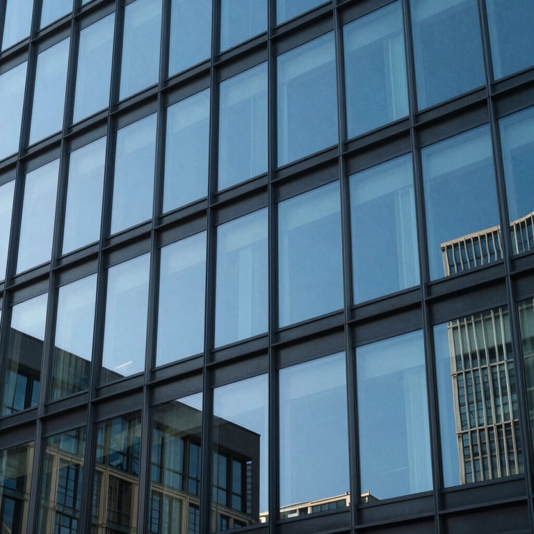 Abstract architectural shot of a modern glass building reflecting a clear crisp airy blue sky.