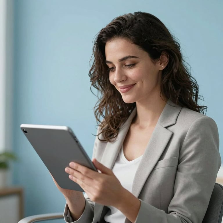 A smiling professional woman using a tablet in a room with crisp airy blue walls, looking relieved and calm.