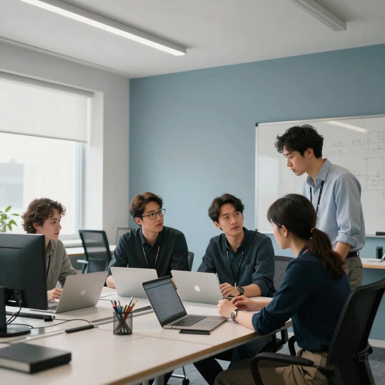 A professional team collaborating in a bright, modern office space with muted slate blue accents.