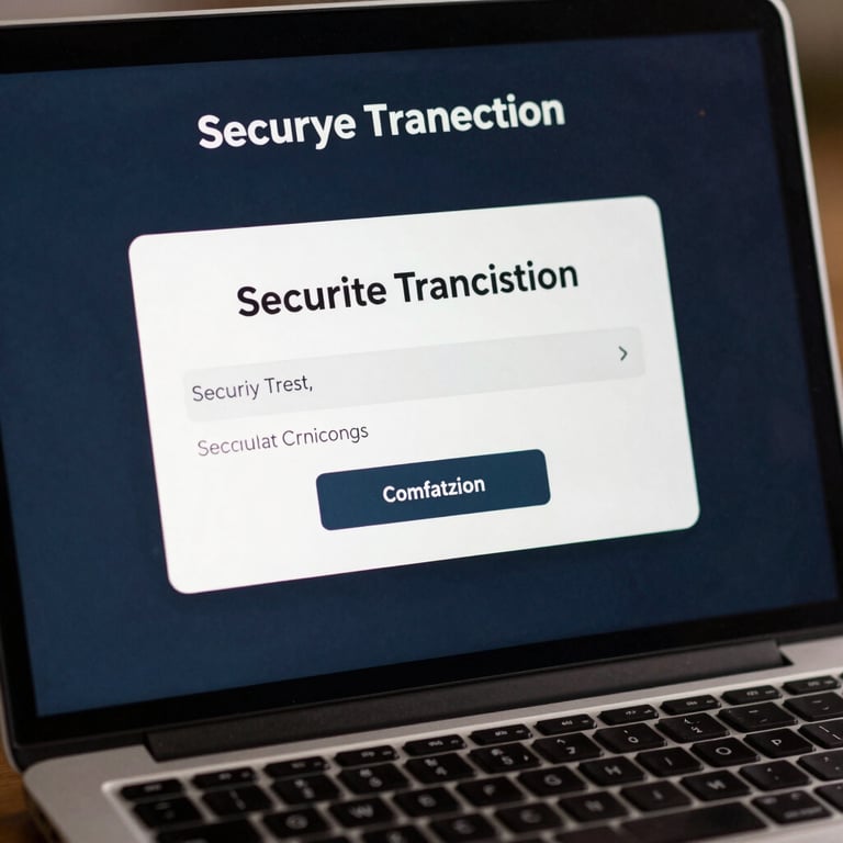 Close-up of a secure transaction confirmation on a laptop screen with deep charcoal navy tones in the background.