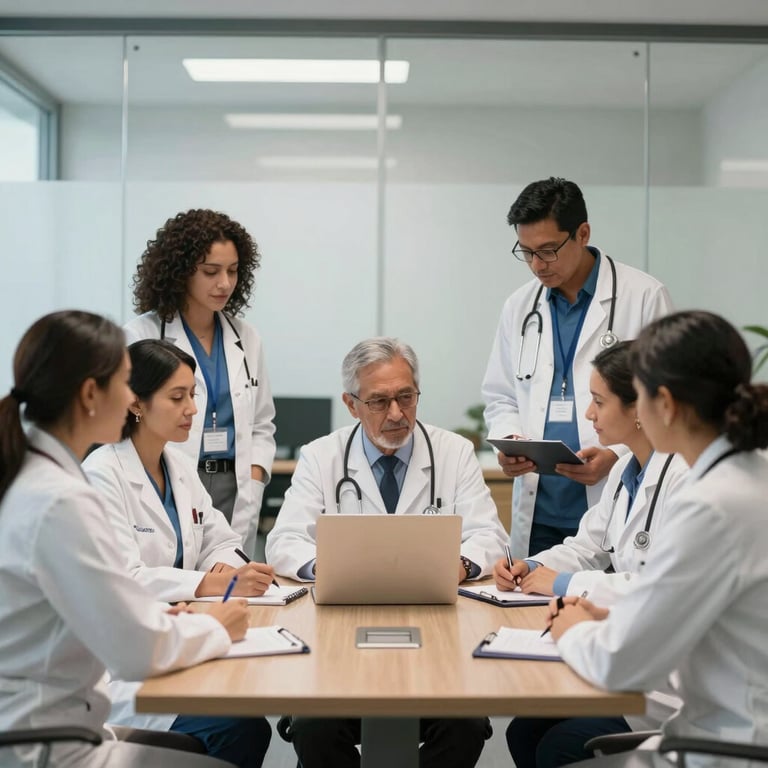 A group of diverse South American medical professionals collaborating in a bright, modern conference room with glass walls.