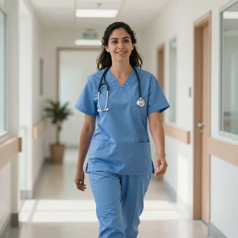 A friendly South American female doctor in blue scrubs walking through a modern, sunlit clinic hallway.