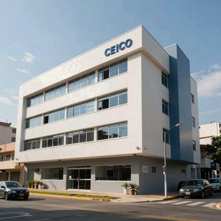 Exterior view of a contemporary medical clinic building in a South American urban setting during a clear day.