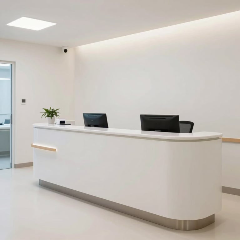 A professional reception area of a medical center with clean white walls and Off-white furniture, conveying order and hygiene.