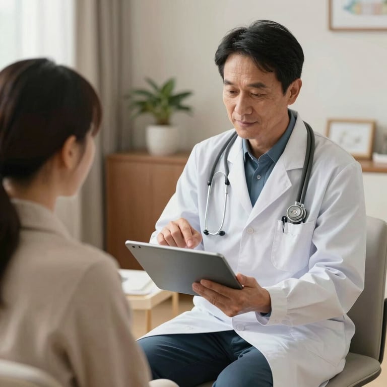 A doctor showing medical results to a patient on a tablet in a private, comfortable consultation room.