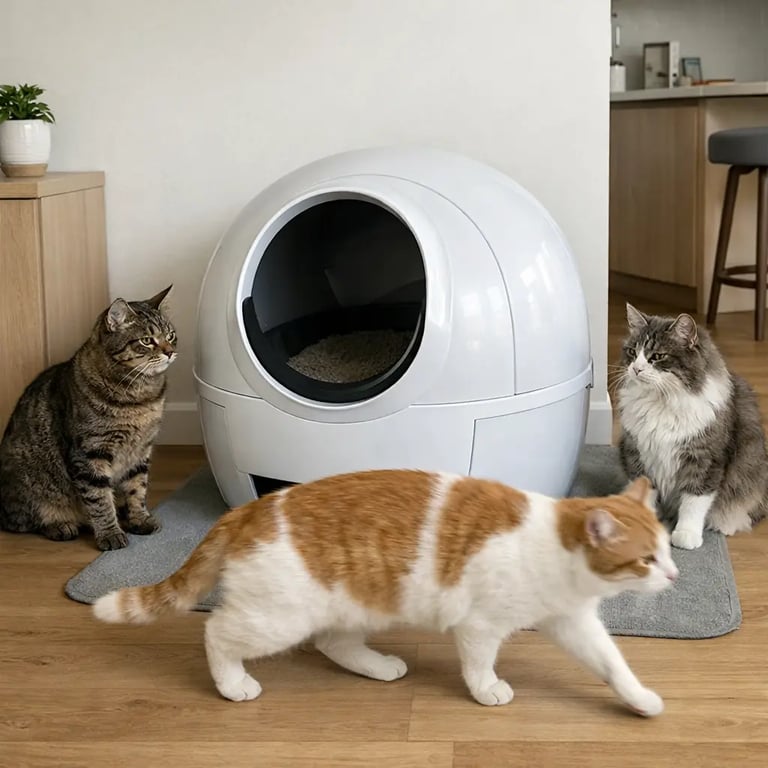 chats autour de leur litière autonettoyante chez un client des hauts de seine 92