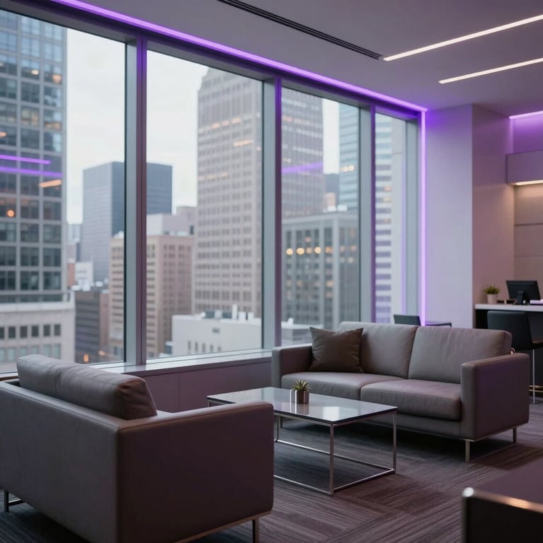 A premium corporate lounge in New York with floor-to-ceiling windows and neon purple accents in the decor.