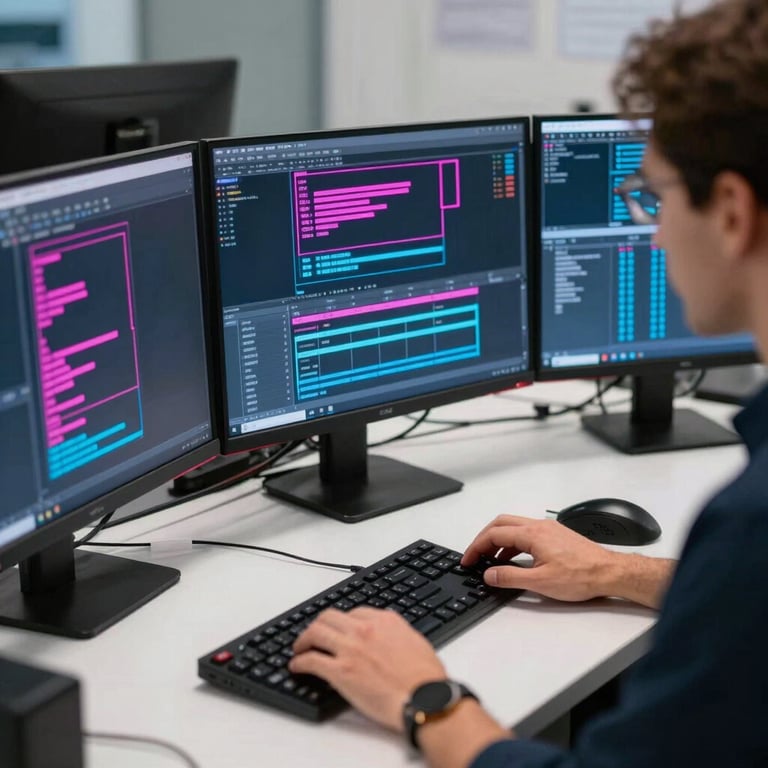 A professional at a clean workstation with multiple monitors displaying data flows in neon pink and blue.