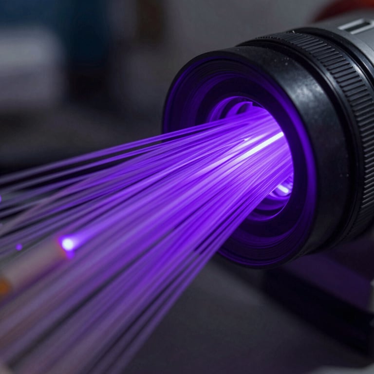 Close-up of fiber optic cables glowing with deep purple light in a high-tech facility.