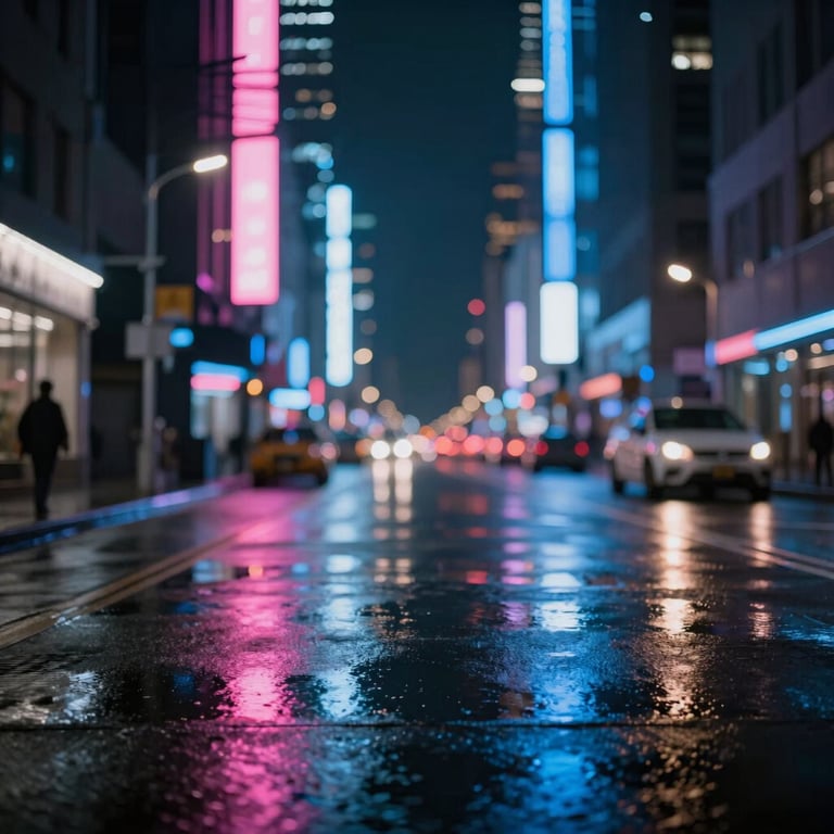 A futuristic city street in North America at night, blurred neon lights in pink and blue reflecting on wet pavement.