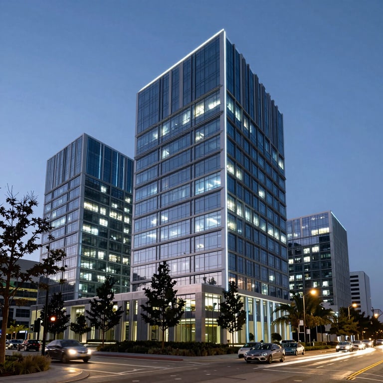 Modern architecture of a Silicon Valley tech campus at twilight, with glowing blue light features.