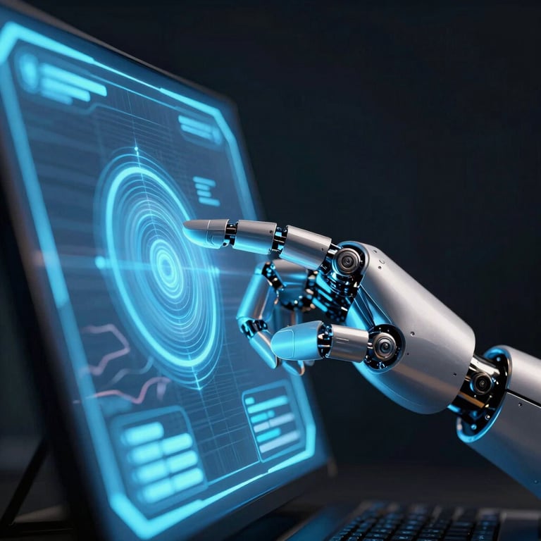 A sleek humanoid robotic hand interacting with a holographic display, neon blue highlights, dark background.