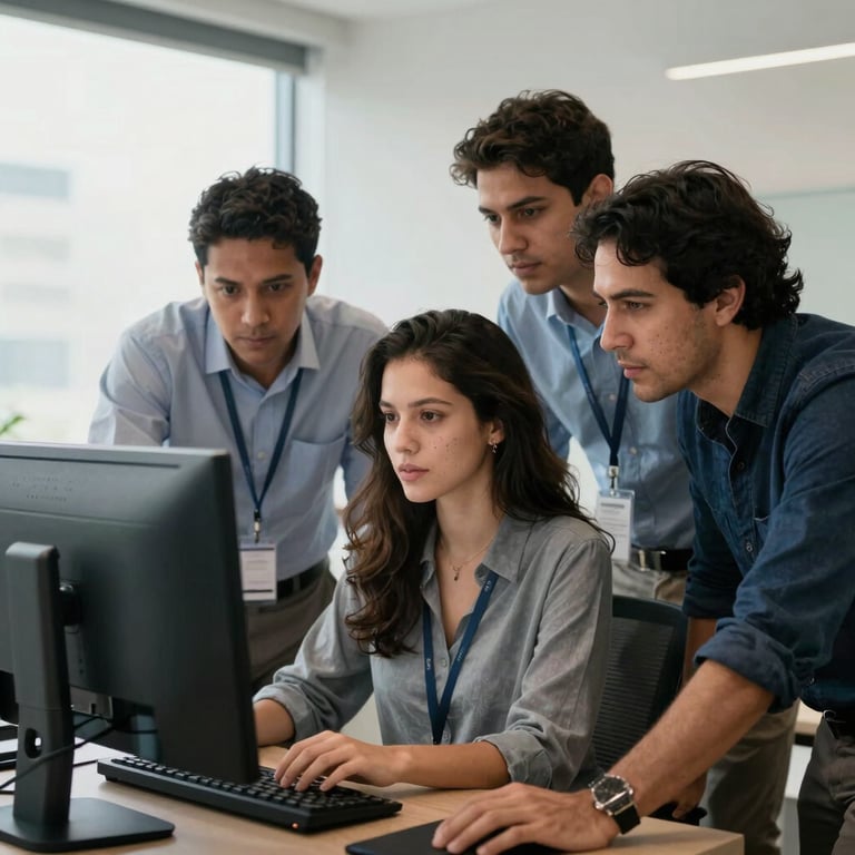 A team of three professionals collaborating around a monitor in a bright Brazilian office.