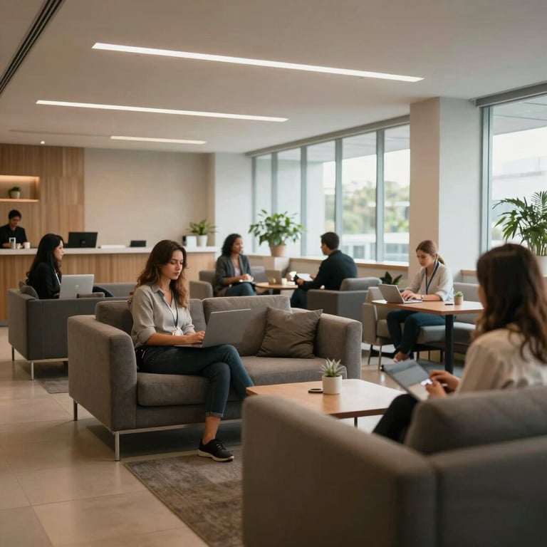 A bright and comfortable lounge area for employees in a Brazilian corporate building.