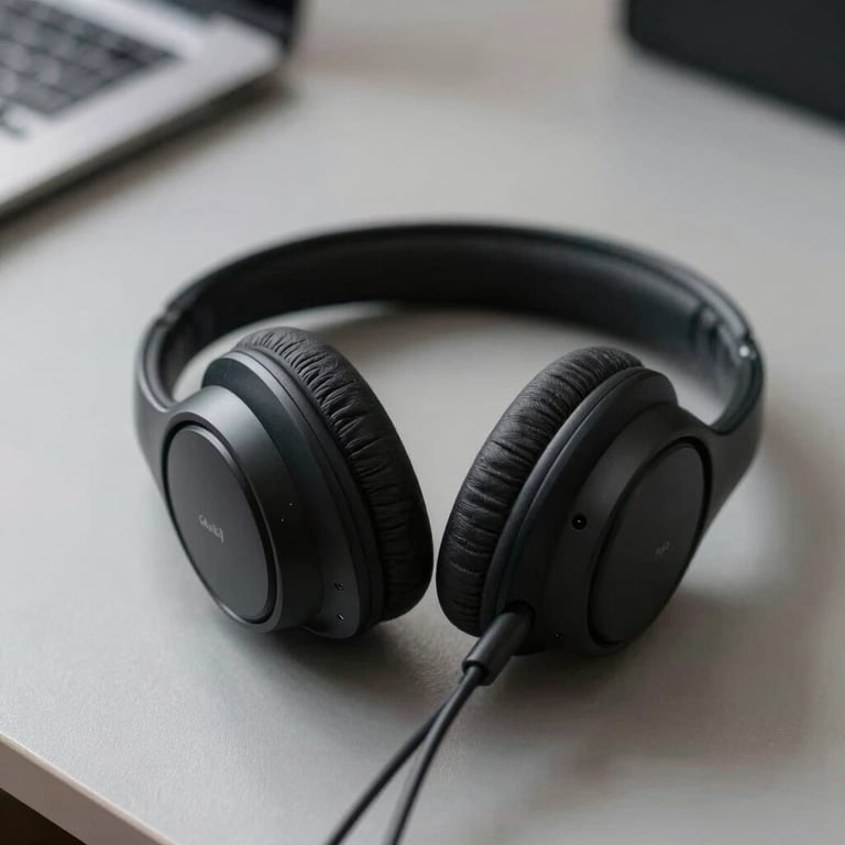 Detail shot of a modern black headset resting on a gray desk surface.