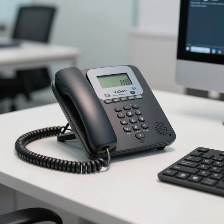 A high-tech VoIP phone and keyboard on a clean white desk in a South American office.