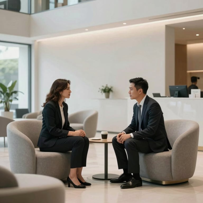 A professional interaction in a modern, clean lobby with minimalist furniture.