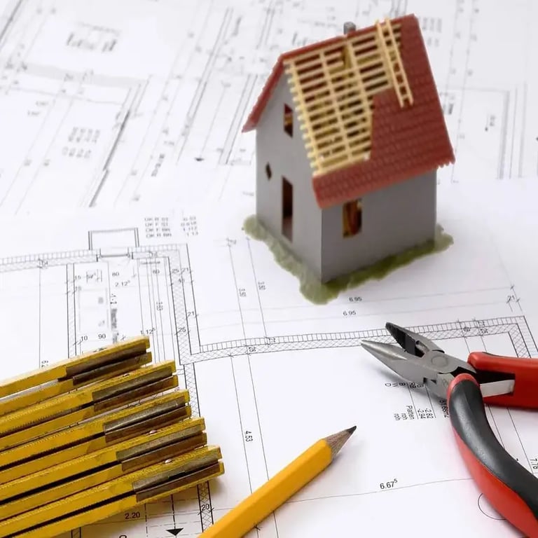 Blue prints and planning tools used fro architectural design and home construction