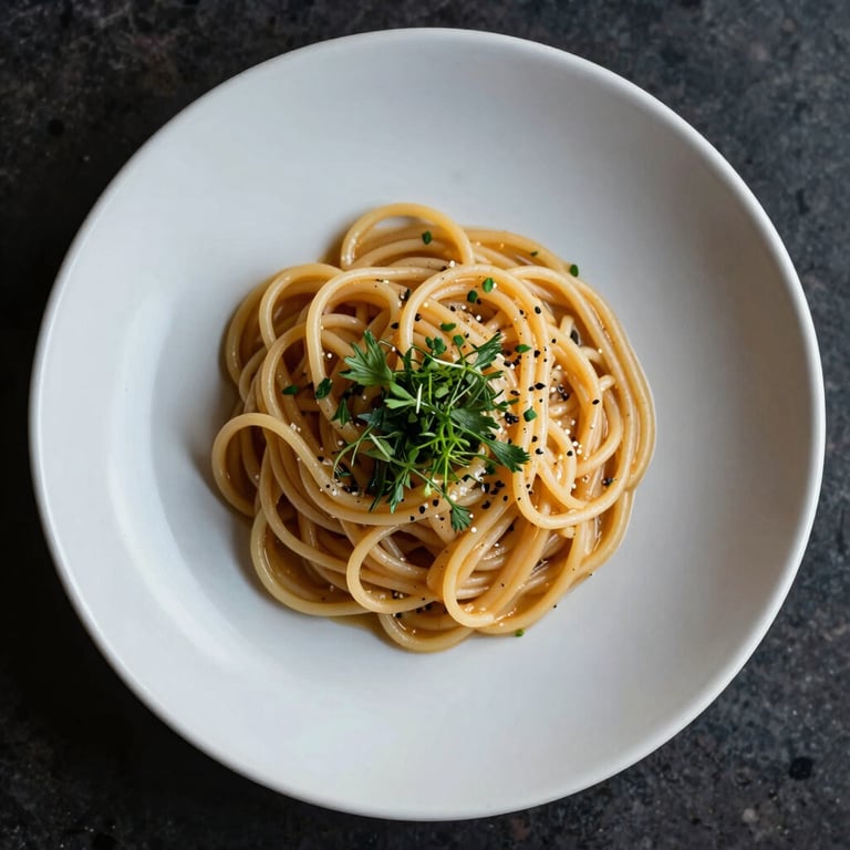A top-down professional shot of a seasonal pasta dish garnished with fresh herbs on a matte ceramic plate.
