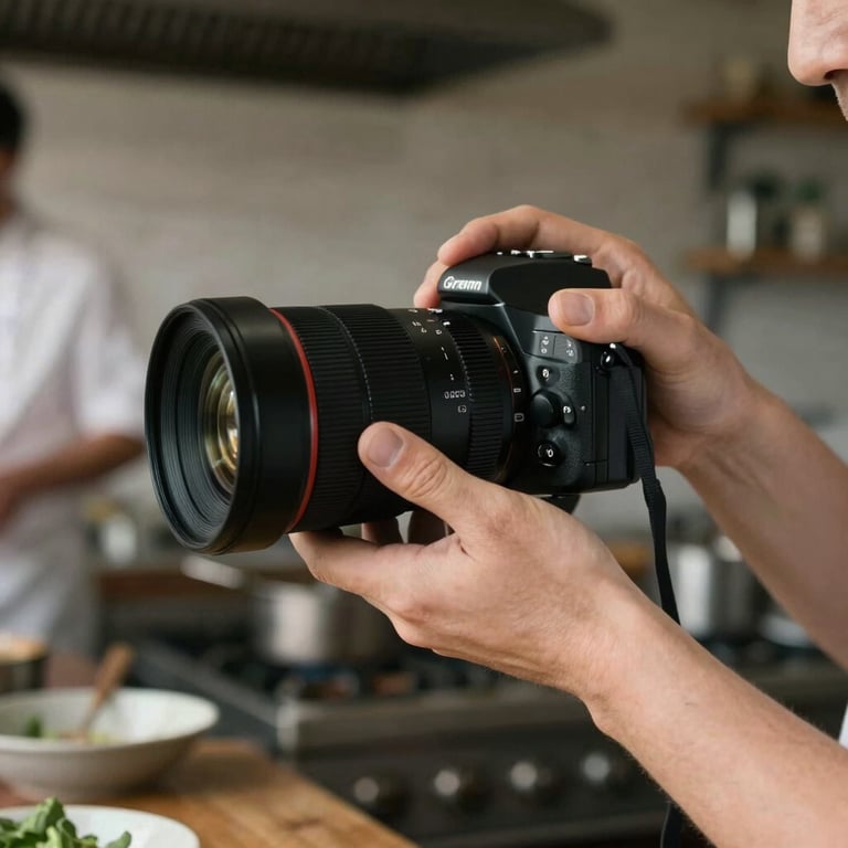 Close-up of a photographer's hands adjusting a lens while shooting a chef at work in a rustic kitchen.