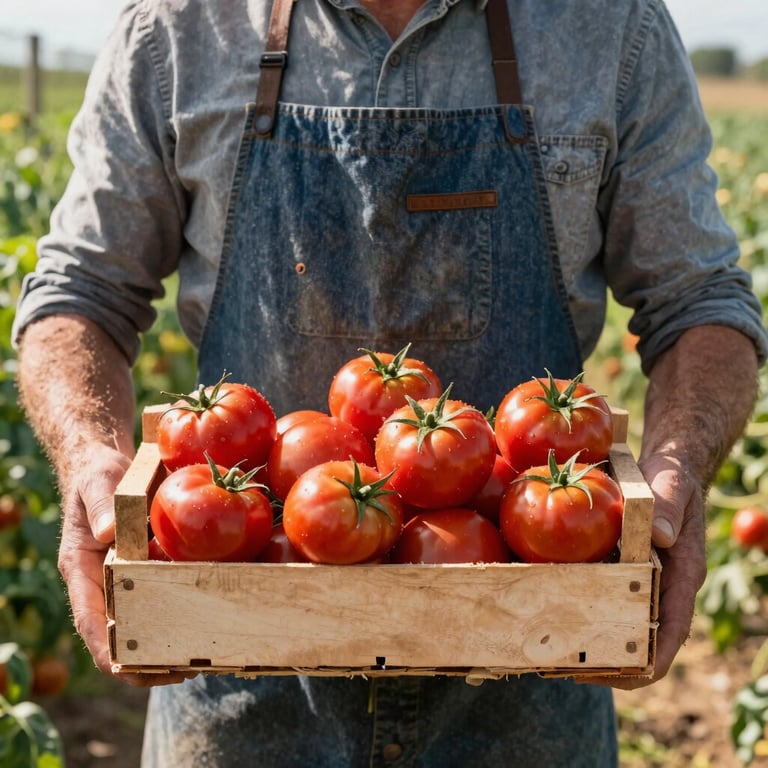 A local farmer in a denim apron holding a wooden crate of vibrant ripe tomatoes in a sunlit field.