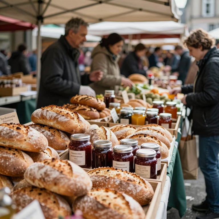 A bustling modern farmers' market scene with stalls of fresh bread and artisanal preserves.