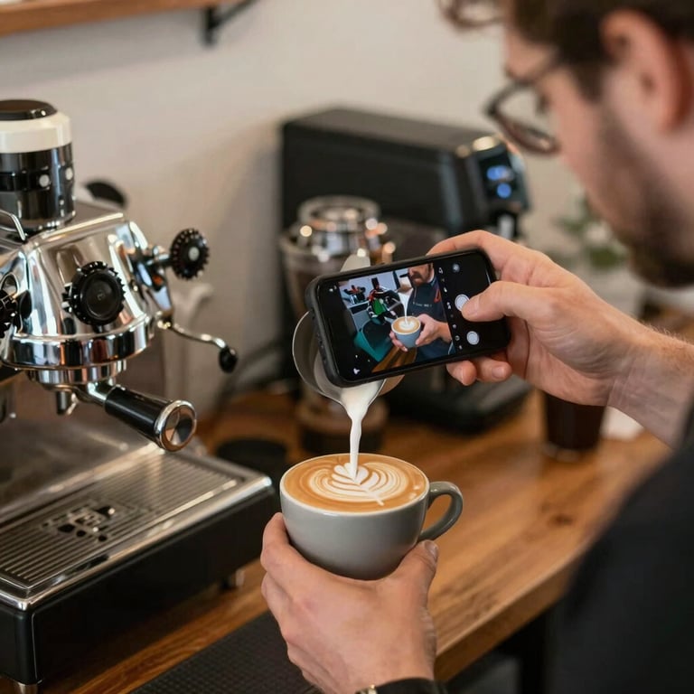 A creative manager using a smartphone to film a cinematic reel of a barista pouring latte art.