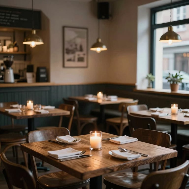 Interior of a cozy, Scandinavian-style bistro with candle-lit wooden tables in Western Europe / North America.