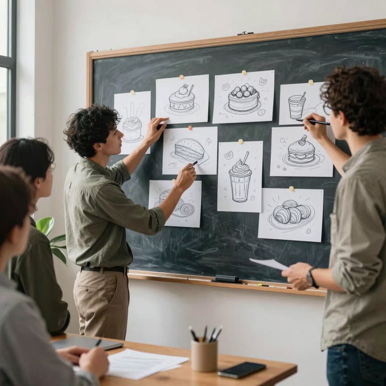 A creative team brainstorming in a bright studio with sketches of food branding on a chalkboard.