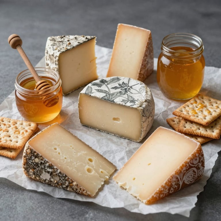 A flat-lay of artisanal cheeses, honey, and crackers on a Crisp Parchment colored surface.