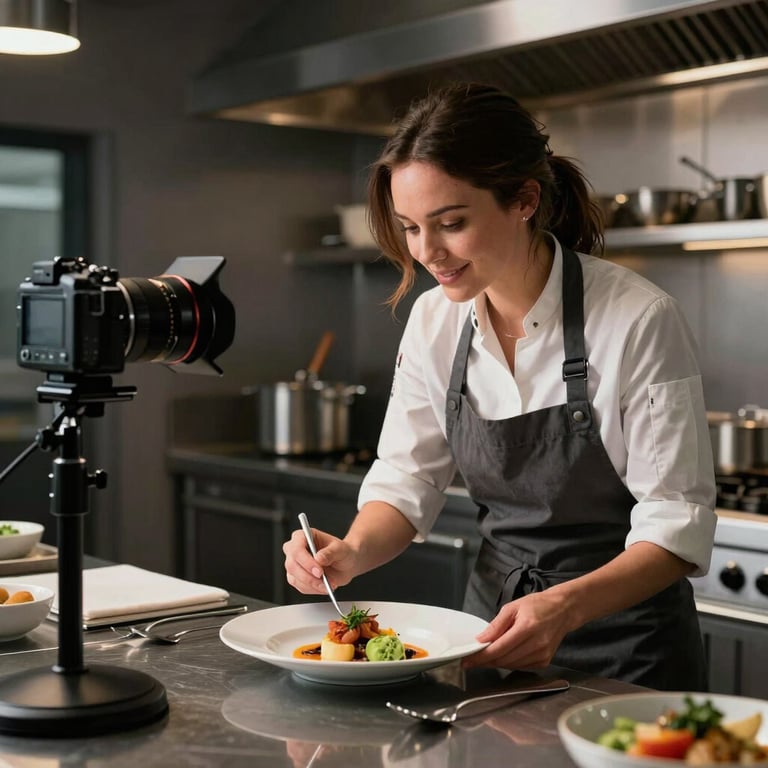 A stylish social media manager filming a chef plating a dish in a modern, high-contrast kitchen.