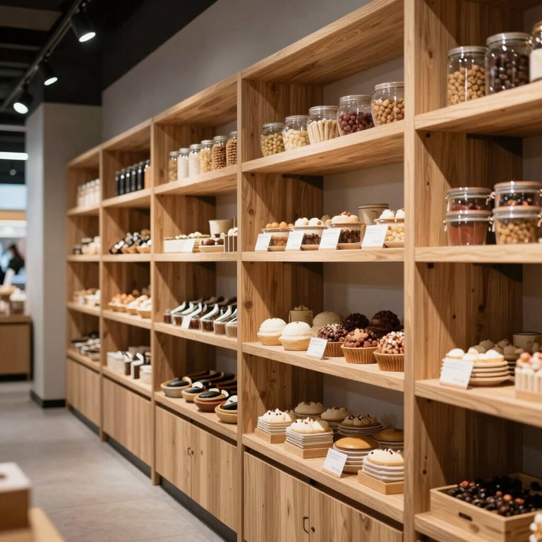 Interior of a Scandinavian-inspired modern food market with clean lines and natural wood shelving.