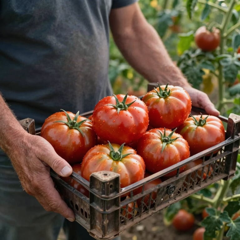 A close-up of a farmer's hands holding a crate of vibrant heirloom tomatoes in a North American field.