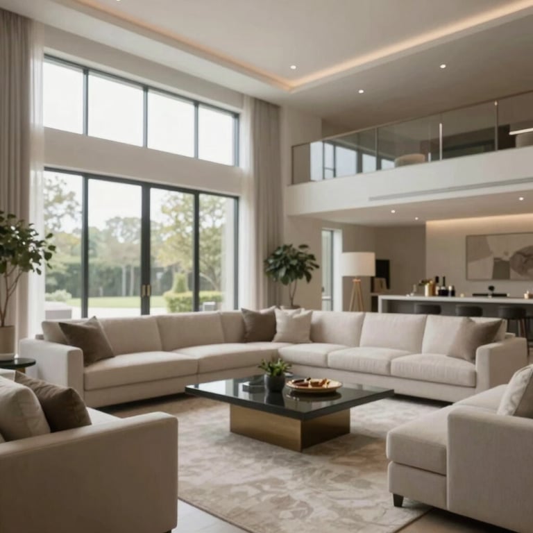 An elegant living room with floor-to-ceiling windows, neutral tones, and sophisticated decor in a high-end Southlake residence.