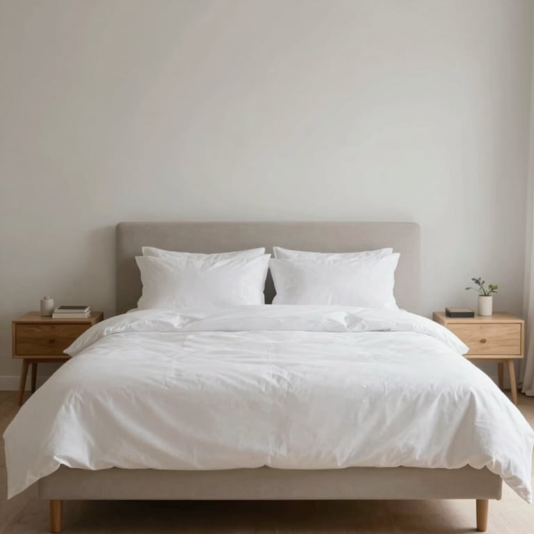 A master bedroom suite with soft lighting, premium linens, and a clean, minimalist design reflecting brand mood.