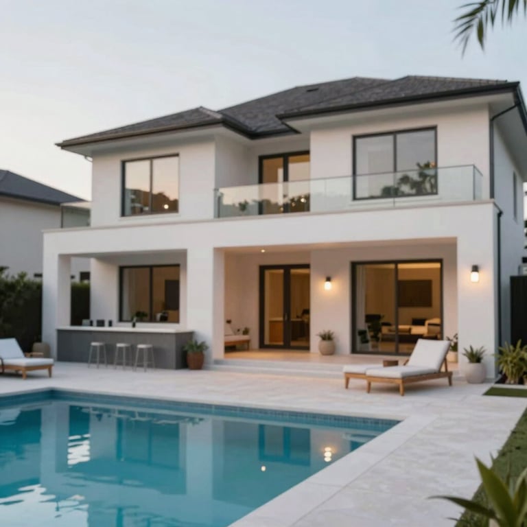 Exterior shot of a contemporary suburban home with a pool and outdoor kitchen area, emphasizing a luxurious lifestyle.