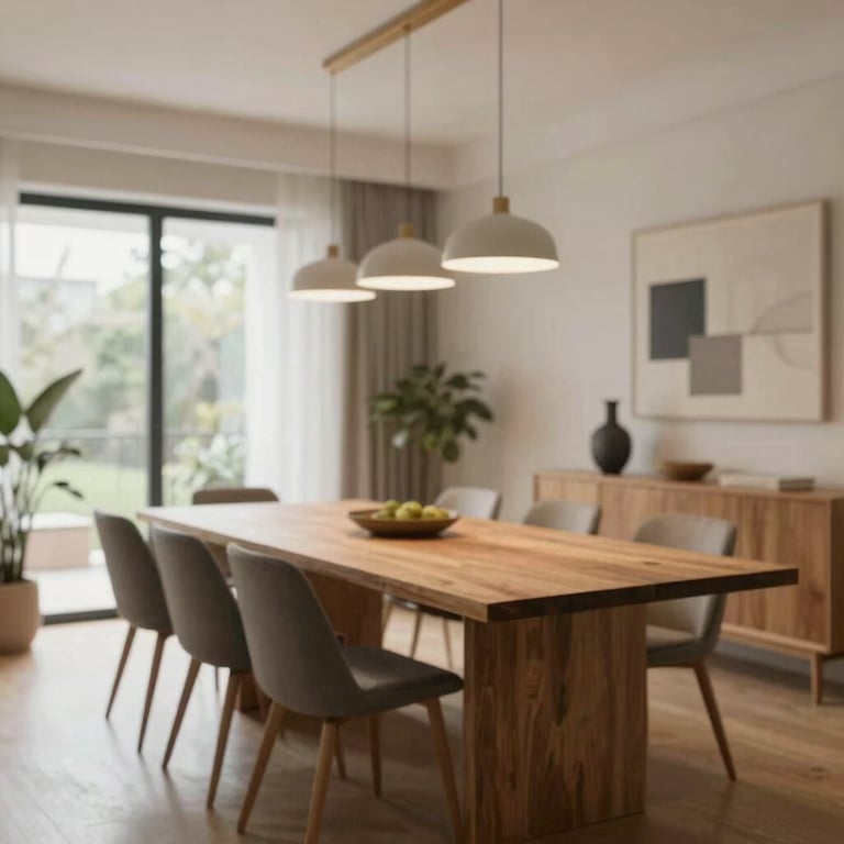 A professionally staged dining room with a large oak table and designer light fixtures, showcasing refined taste.