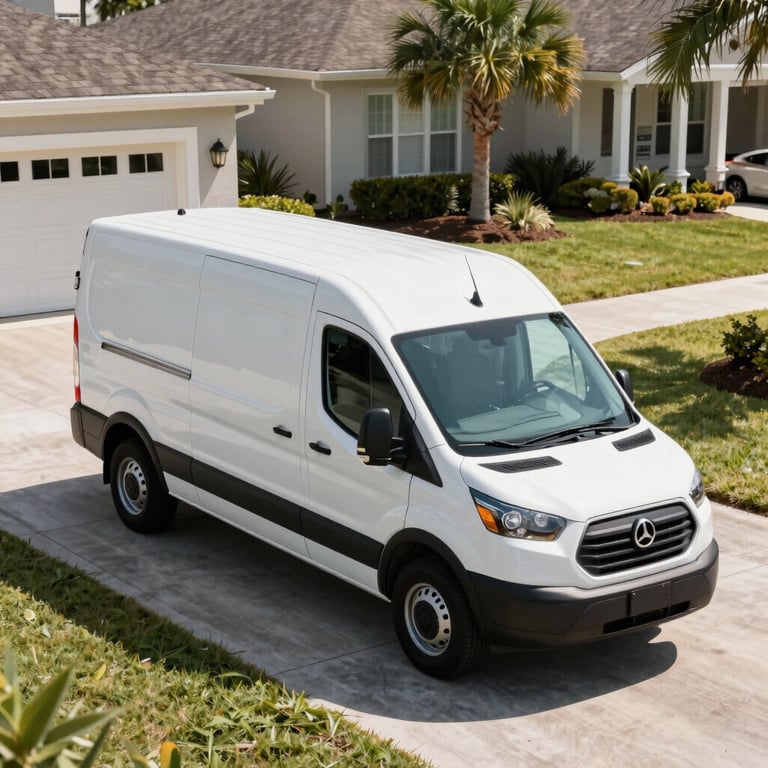 A high-angle shot of a clean, branded remediation van parked in a bright, sunny North American / US (Florida) residential driveway.