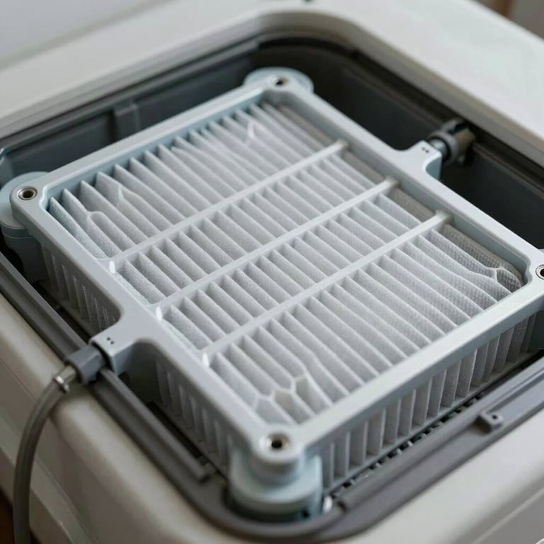 Macro photography of a clean, medical-grade air filter being installed into a residential HVAC system.