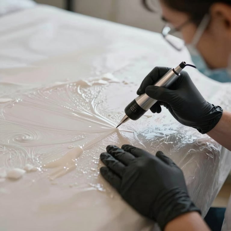 Detailed shot of a professional technician applying clear antimicrobial coating to a remediated surface.