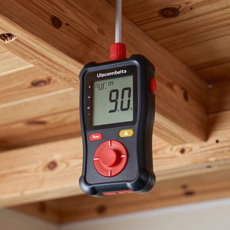 A close-up of a digital moisture meter displaying high readings on a wooden ceiling beam during an inspection.